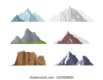 Vector illustration set of mountain icons in flat cartoon style. Different mountains and hills collection isolated on white background.