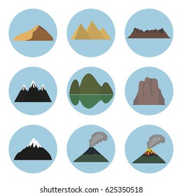 Vector illustration set of mountain icons. Isolated on white background. Flat style.