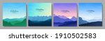 Vector illustration. A set of mountain landscapes in a flat style. Natural wallpapers. Geometric minimalist, polygonal concept. Sunrise, misty terrain with slopes, mountains near the forest. Clear sky