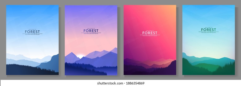 Vector illustration. A set of mountain landscapes. Geometric minimalist flat style. Sunrise, misty terrain with slopes, mountains near the forest. Design for poster, book cover, banner, flyer, card