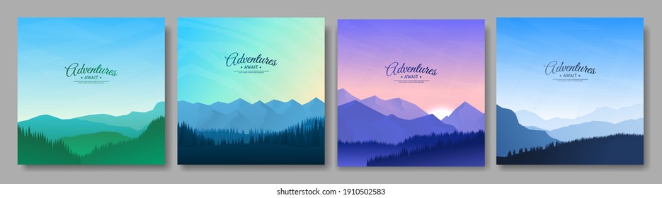 Vector illustration. A set of mountain landscapes in a flat style. Natural wallpapers. Geometric minimalist, polygonal concept. Sunrise, misty terrain with slopes, mountains near the forest. Clear sky