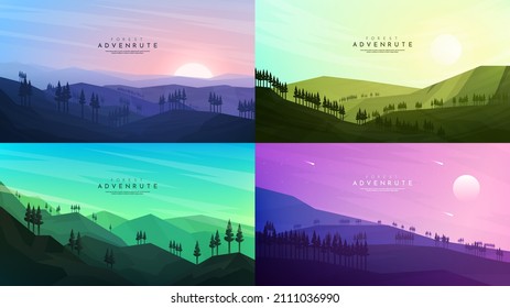 Vector illustration. A set of mountain landscapes in a flat style. Natural wallpapers. Geometric minimalist, polygonal concept. Sunset, misty terrain with slopes, mountains near the forest. Clear sky