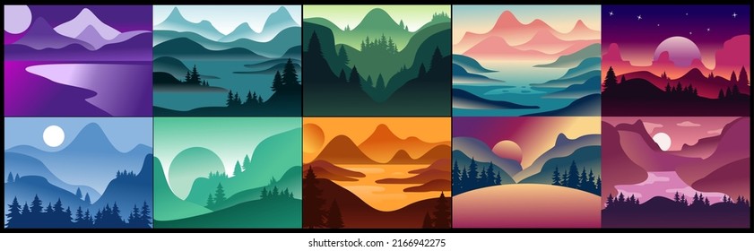 Vector illustration. set of mountain landscapes in a flat style. Natural wallpapers. Organic minimalis. Sunrise, misty terrain with slopes, mountains near the forest. Clear sky