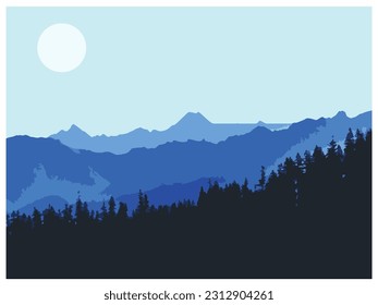 Ilustración vectorial. Un conjunto de paisajes de montaña en un estilo plano. Papeles naturales. Amanecer, terreno mojado con pendientes, montañas cerca del bosque. Cielo claro