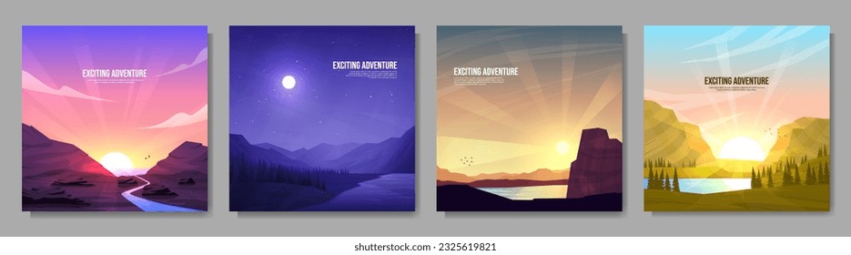 Vector illustration. Set of mountain landscapes. Geometric flat style. Sunset by sea rocks, night scene, mountains near the forest. Design for social media, web banner. Colorful triangle shapes