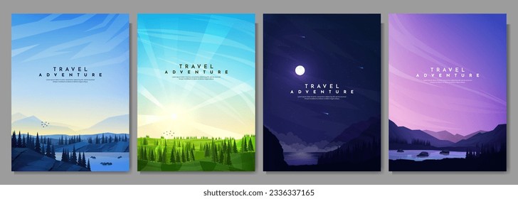 Vector illustration. Set of mountain landscapes. Geometric minimalist flat style. Forest by lake, night scene, evening sunset by rocks. Design for poster, cover, magazine, layout, flyer, wallpapers