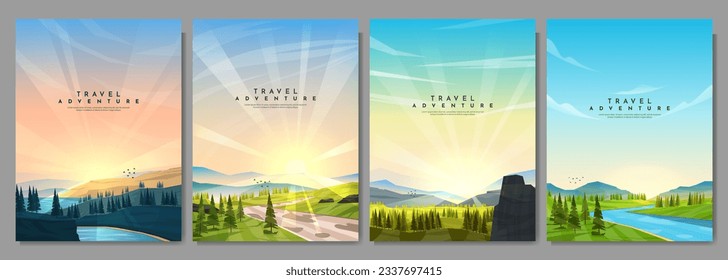 Vector illustration. A set of mountain landscapes in a flat style. Natural wallpapers. Geometric minimalist, polygonal concept. Sunrise, path in meadow, forest trees by cliff, water stream by woods