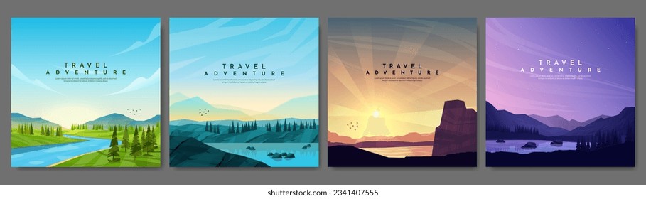 Vector illustration. Set of mountain landscapes. Geometric flat style. Water flow by meadow, forest hills, sunset scene, evening. Design for social media, web banner. Colorful triangle shapes