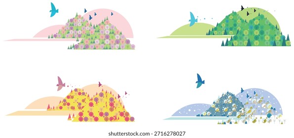 Vector illustration set of mountain landscapes in four seasons: spring cherry blossoms, summer greenery, autumn leaves, and winter snow