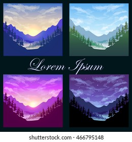 Vector illustration of a set of mountain landscapes at different times of day