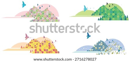Vector illustration set of mountain landscapes in four seasons: spring cherry blossoms, summer greenery, autumn leaves, and winter snow
