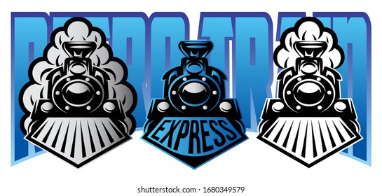 Vector illustration with set of moving retro locomotives with smoke.