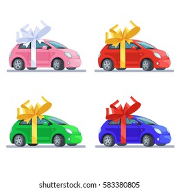 Vector illustration set multicolor pink, red, blue, green cars with bow flat style on white background. Concept design gift automobile or car presentation