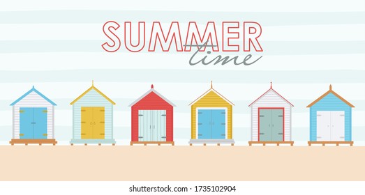 Vector illustration of a set of multicolored beach houses and text: summer time. Postcard with a drawing of a landmark beach colored sheds.