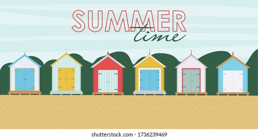 Vector illustration of a set of multicolored beach houses and text: summer time. A horizontal banner with a pattern of beach colored sheds.