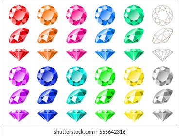 Vector illustration set of multi-colored classic round brilliant cut diamonds with wireframe diagram. Top, side and isometric view