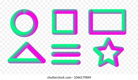 Vector illustration set of multicolored convex volumetric holographic border frames in transparent background. Circle, square, triangle and other simple shapes.
