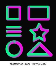 Vector illustration set of multicolored convex volumetric holographic border frames in white background. Circle, square, triangle and other simple shapes.