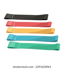 Vector illustration of a set of multi-colored elastic latex expanders for training on a white background. Aerobic rubber band for strength and stretching exercises. The concept of a healthy lifestyle