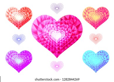 Vector illustration. A set of multi-colored hearts in the style of low poly. Polygonal geometric figures. Set of design elements. Stones gems. Faceted stones. Jewelry. Decorations. Valentine's day.