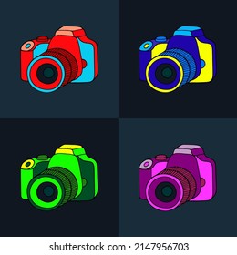 Ilustración vectorial con un conjunto de cámaras fotográficas multicolores.