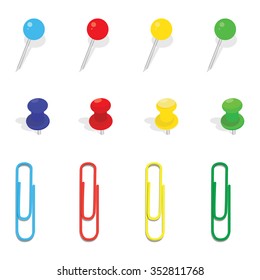 Vector illustration set of multicolored pushpins, pins, paper clips on a white background. Stationery tools