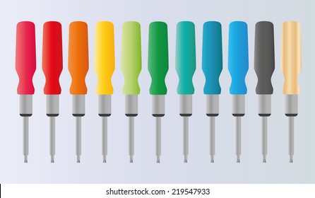 Vector illustration set of multicolored screwdrivers. Household tools