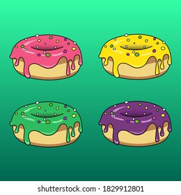Vector illustration set of multicolour donuts on 
turquoise background. Textile, cover, sticker, website, application