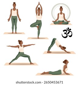Vector illustration set of multiple yoga poses featuring a female character practicing asanas like lotus pose, downward dog, and seated stretches. The artwork combines wellness, mindfulness, and relax