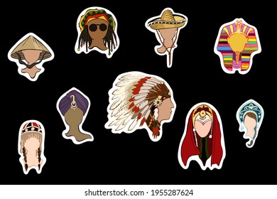 Vector illustration set of multocolored stickers of multinational headdress. Cute sticker template with cartoon images of people for laptop, organizer, cover