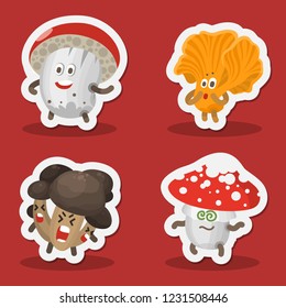 Vector illustration set mushrooms emoticons. Mushrooms icons collection with human face showing various emotions. Harvest symbols. Forest mushrooms Emoji. Autumn funny emotion mushrooms. Sticker icons