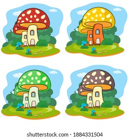 vector illustration set of mushrooms fruit house with grass and cloud