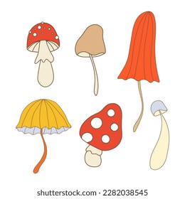 Vector illustration set of mushrooms in groovy style. Funny fly agarics and multicolor toadstools. Isolated retro elements with 70s vibes is perfect for stickers, prints, posters, flyers, gift