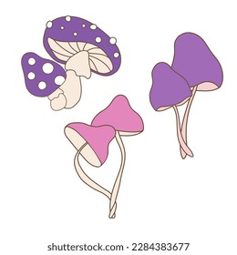 Vector illustration set of mushrooms in groovy style. Cute lovely multicolor toadstools and fly agaric pairs in bright purple and violet colors. Isolated retro elements with 70s vibes