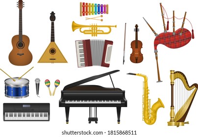 Conjunto de ilustraciones vectoriales de instrumentos musicales.