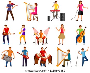 vector illustration of set of Musician and artists playing guitar, drum, harp, keyboard