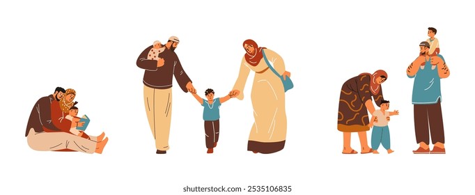 Ilustración vectorial de conjunto con personajes de la familia musulmana con niños pasando tiempo juntos. Padres con niños en diferentes poses, leyendo, caminando y jugando. Estilo plano. Fondo aislado.