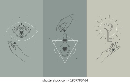 Vector illustration set mystic hands and love signs for social media stories. Hand drawn line minimal style logos. Eye of providence, love potion, magic key. Fashion, skin care and wedding concept.