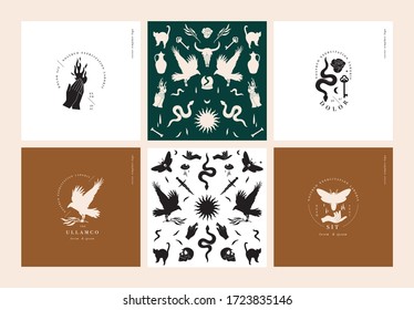 Vector illustration set of mystical icons and logos. Seamless pattern with bohemian elements- evil eye, snake, moon, bird ornament and different hand gestures