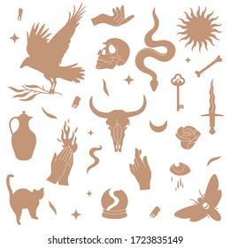 Vector illustration set of mystical icons. Seamless pattern with bohemian elements- evil eye, snake, moon, bird ornament and different hand gestures