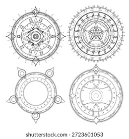 Ilustración vectorial de un conjunto de círculos mágicos místicos con inscripciones rúnicas antiguas.
