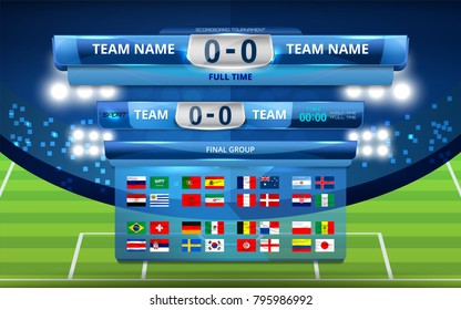 Vector illustration Set of National Flag with Scoreboard Broadcast and Lower Thirds Template for Football tournament