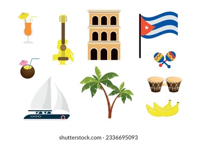 Ilustración vectorial de un conjunto de señales nacionales de Cuba. Bebidas, guitarra, casa, velero, palmeras y bandera aisladas de fondo blanco. Cuba.