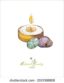 Vector illustration from a set of natural organic cosmetics. Organic olive oil, lavender, aroma candles. Meditation stones, calendula and rosemary.