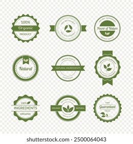 Conjunto de Ilustraciones vectoriales de productos naturales. Incluye etiquetas e insignias ecológicas. Perfecto para envases orgánicos y sostenibles.