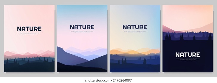 Vektorillustration. Set von Naturlandschaften. Vieleckige Berge, Waldbäume, klarer Himmel. Geometrischer minimalistischer flacher Stil. Design für Plakat, Magazin, Buchumschlag, Layout, Flyer, Broschüre