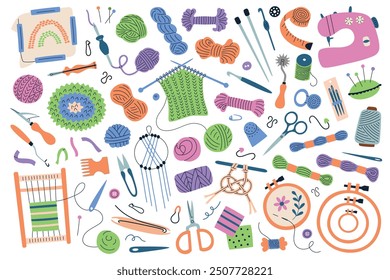 Vector illustration set of needlework tools and materials in a flat cartoon style. Colorful collection of knitting, crochet, embroidery, macrame supplies. Sewing accessories for craft and DIY designs