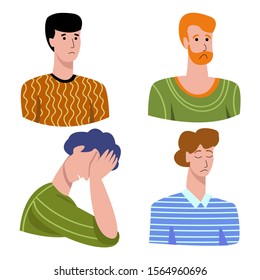 Vector illustration with set negative emotions in men sadness, longing, suffering, shame, disappointment, guilt and more. Concept prohibition to the manifestation of emotions in men.