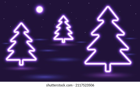 Vector illustration. Set of neon Christmas trees of purple light, different sizes.