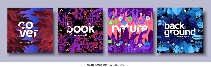 Vector illustration. Set of neon illustrations of background and texture for covers.  Summer, leaves, grass, trees.